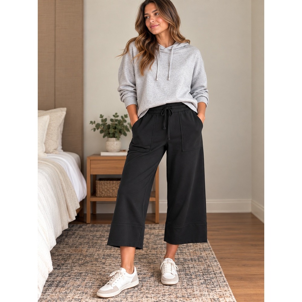 Quince SuperSoft Fleece Cropped Wide Leg Pants Women Size M Black Drawstring